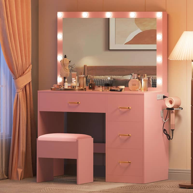Moasis 35.4" Pink Mirror Makeup Vanity Table - 35.4''L x 15.7''W x 53.5''H