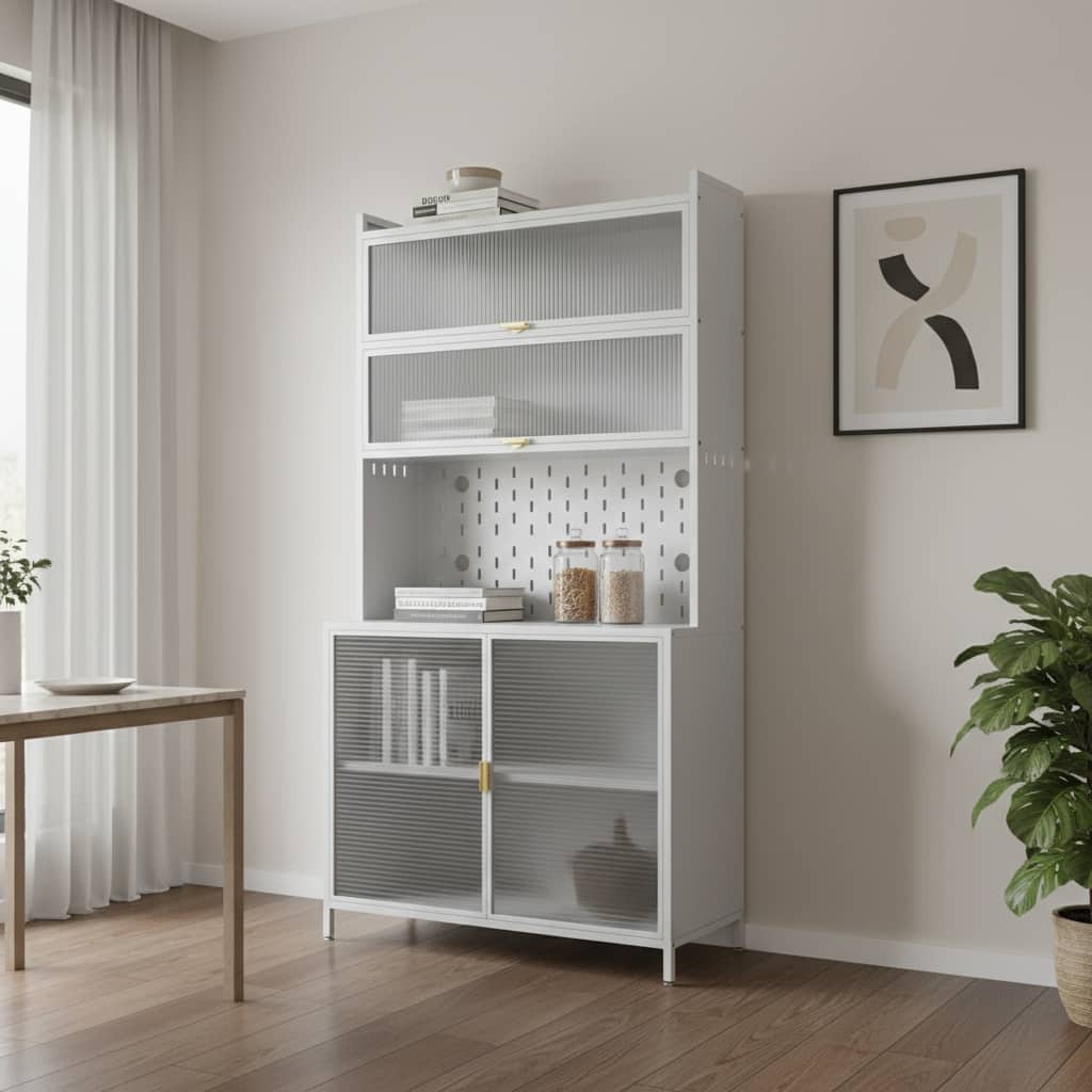 HomeRoots 73" White Stainless Steel Textured Door Dining Hutch With Two Doors