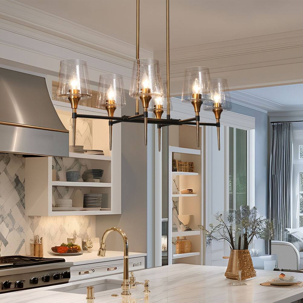 Modern Farmhouse 6-Light Black Gold Chandelier Seeded Glass Pendant Lights for Dining Room - L31.5'' x W15.5'' x H12''