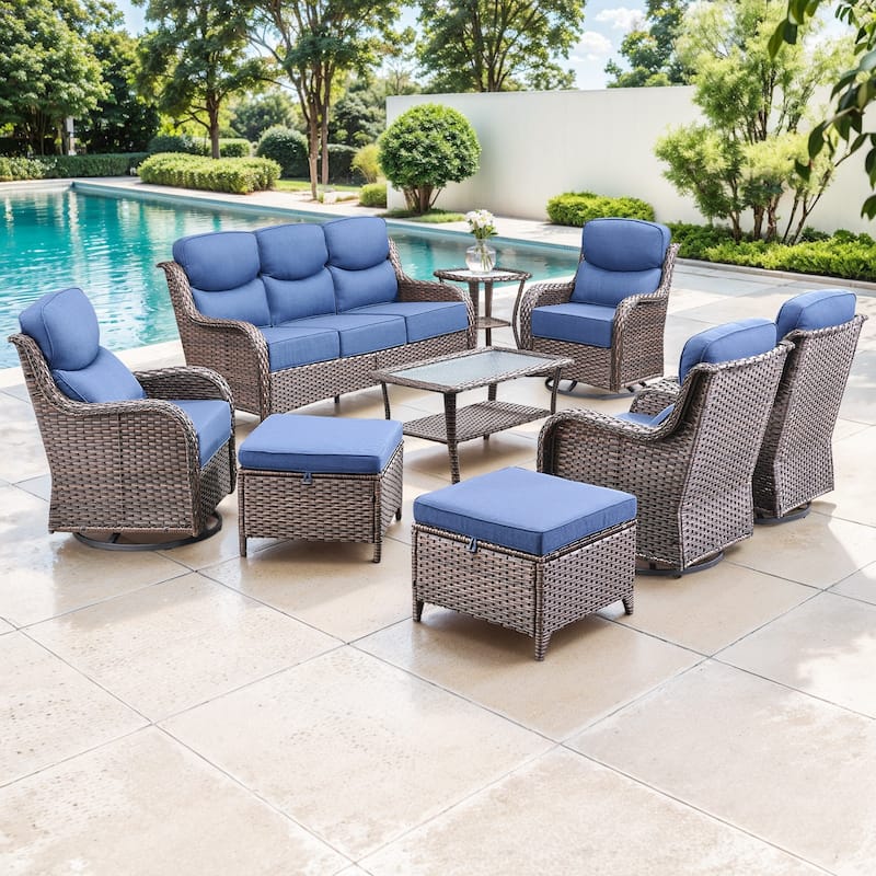 Gymojoy 9-Piece Patio Furniture Set with Swivel Glider Chairs, 6-Inch Ultra-Plush Cushions & Water-Resistant Olefin Fabric