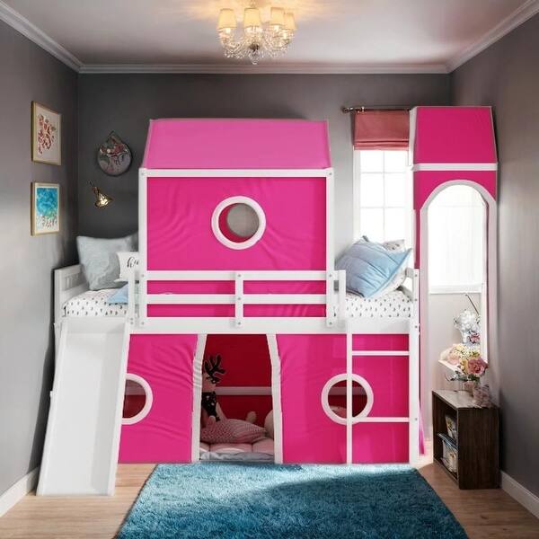 slide 2 of 20, Impression Playhouse Inspired Bed, Full Size Loft Bed with Slide Pink Tent and Tower, Spacious Under Bed Space Pink