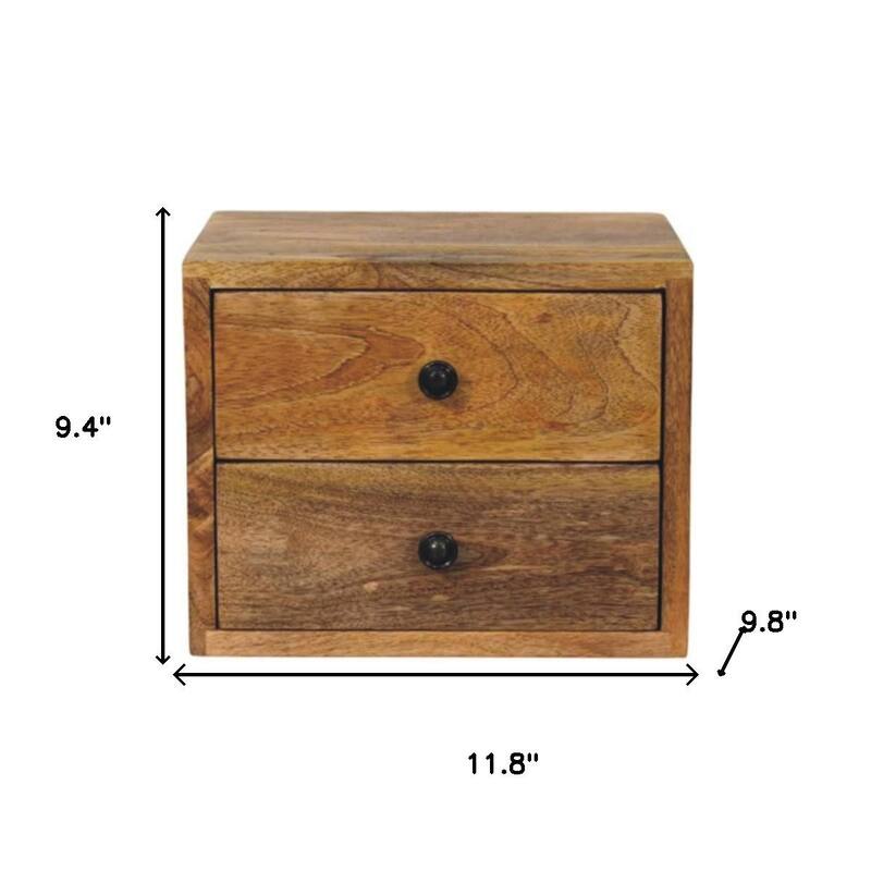 HomeRoots 12" Brown Solid Wood Two Drawer Floating Nightstand