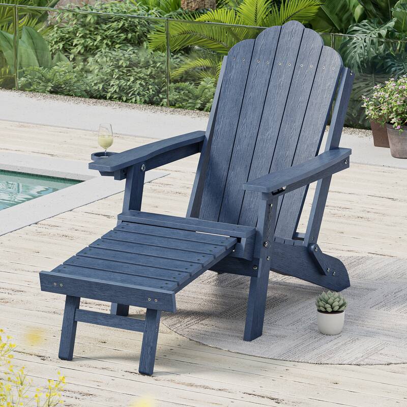 3-Position Adjustable Folding Adirondack Chair W/ Ottoman for Outdoor - Navy - 1-Piece