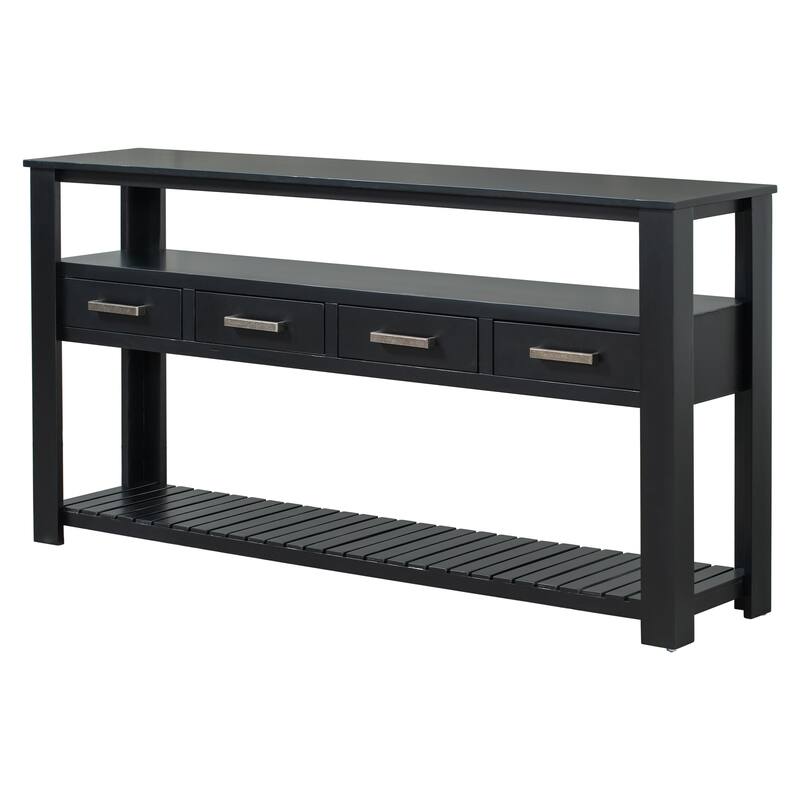 Entryway Table Sofa Table Side Table with 4 Drawers, Modern Console Table Coffee Table with Open Shelves - Black
