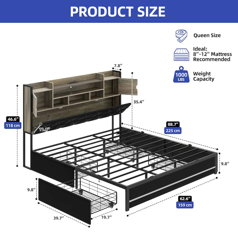 Queen/King Upholstered Bed Frame with RGB LED Lights & Storage Bookcase Headboard - Black&Oak - Queen