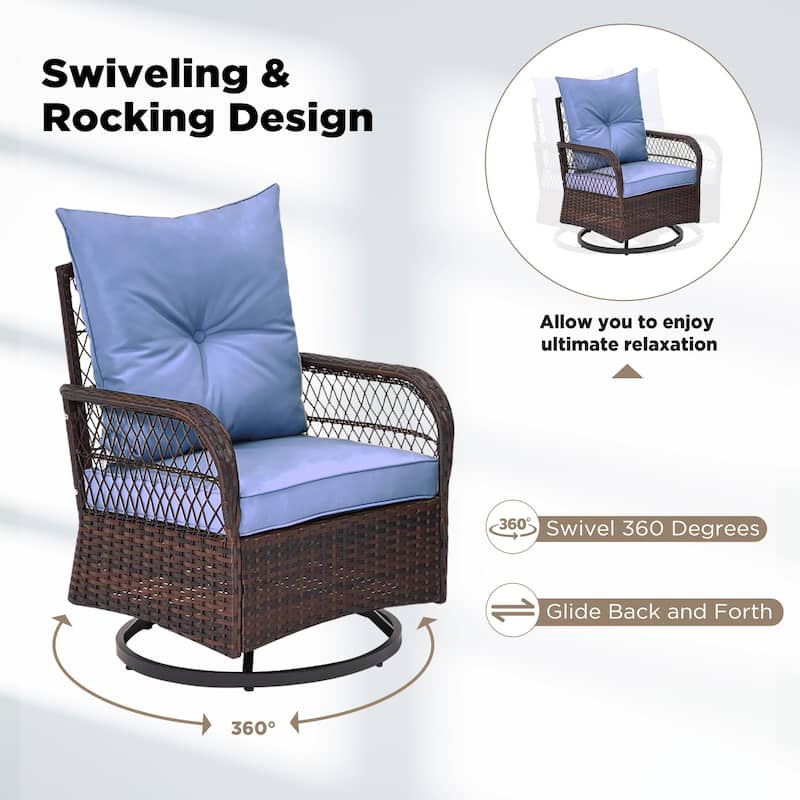 3-Piece Outdoor Rocking/Swivel Chair Set - PE Rattan Patio Furniture with Cushions & Coffee Table, Rocker Chairs for Backyard