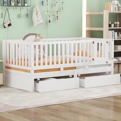 White Twin Size Solid Wood Daybed with Fence Guardrails and 2 Drawers, Split into Two Beds