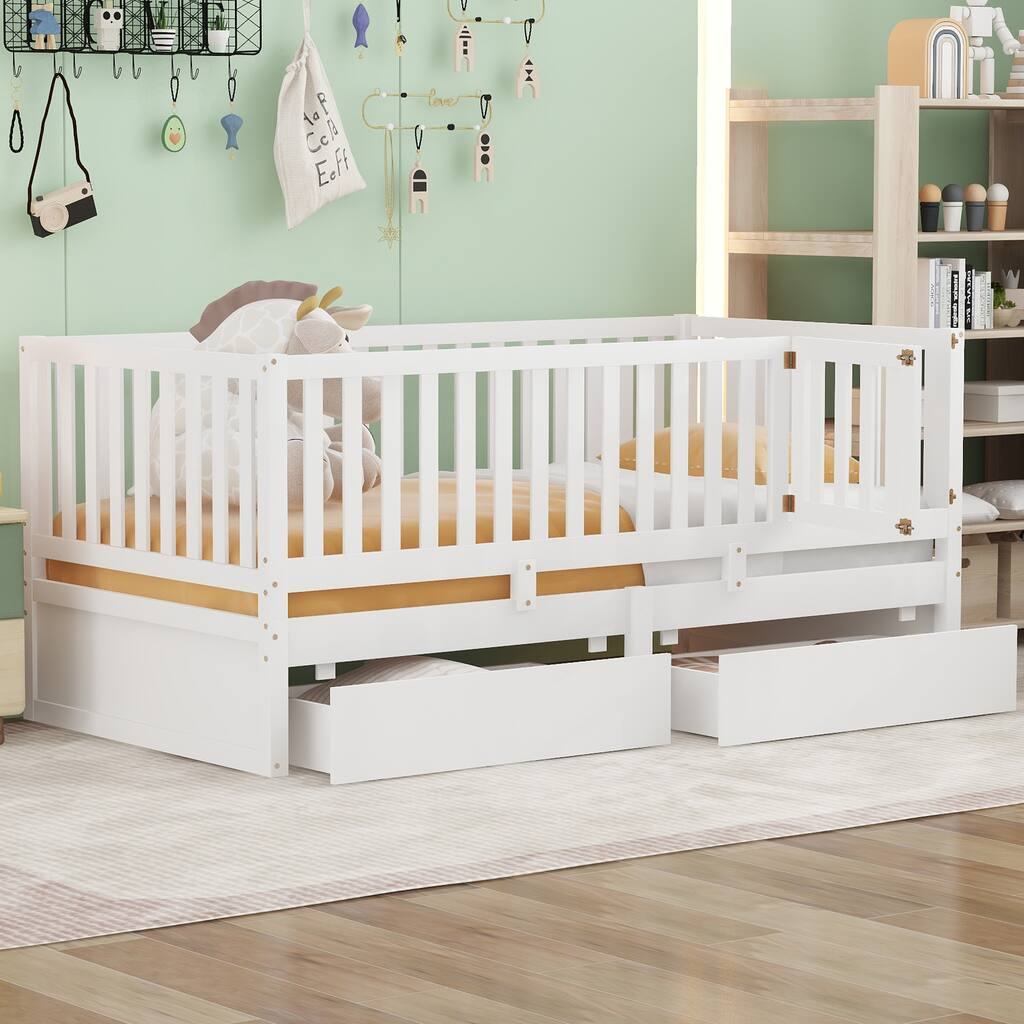 White Twin Size Solid Wood Daybed with Guardrails and 2 Drawers, Split into Two