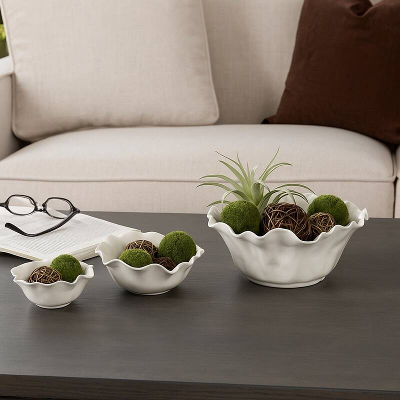 Ceramic Accent Bowl, Scalloped Edge-Set of 3-13", 11", 8", Ivory & Tan - 13.0"