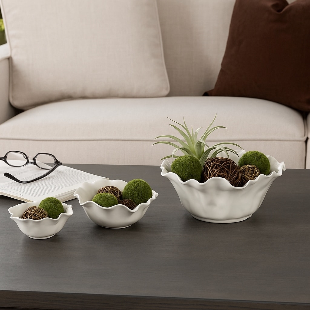 Ceramic Accent Bowl, Scalloped Edge-Set of 3-13", 11", 8", Ivory & Tan - 13.0"