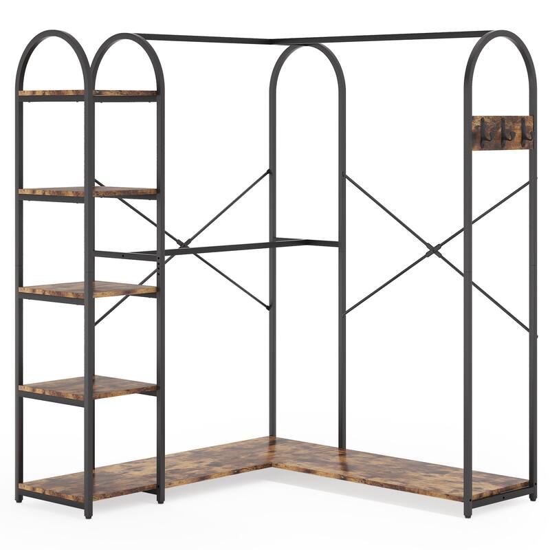 Heavy Duty L Shape Clothes Rack,Freestanding Corner Closet Organizer,Large Garment Rack with Storage Shelves and Hanging Rods