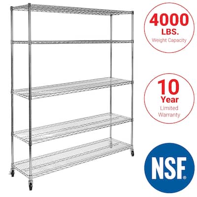 Seville Classics 60 in W x 18 in D x 75 in H UltraDurable Commercial-Grade 5-Tier Steel Wire Shelving with Wheels