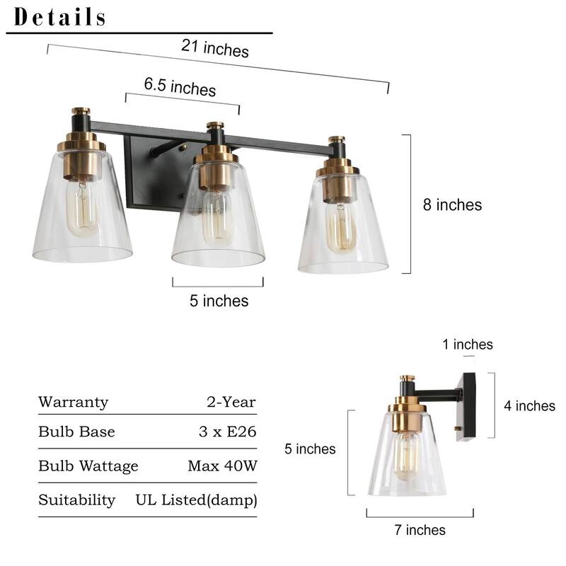 3-Light Modern Black Gold Bathroom Vanity Light Dimmable Cone Wall Sconces