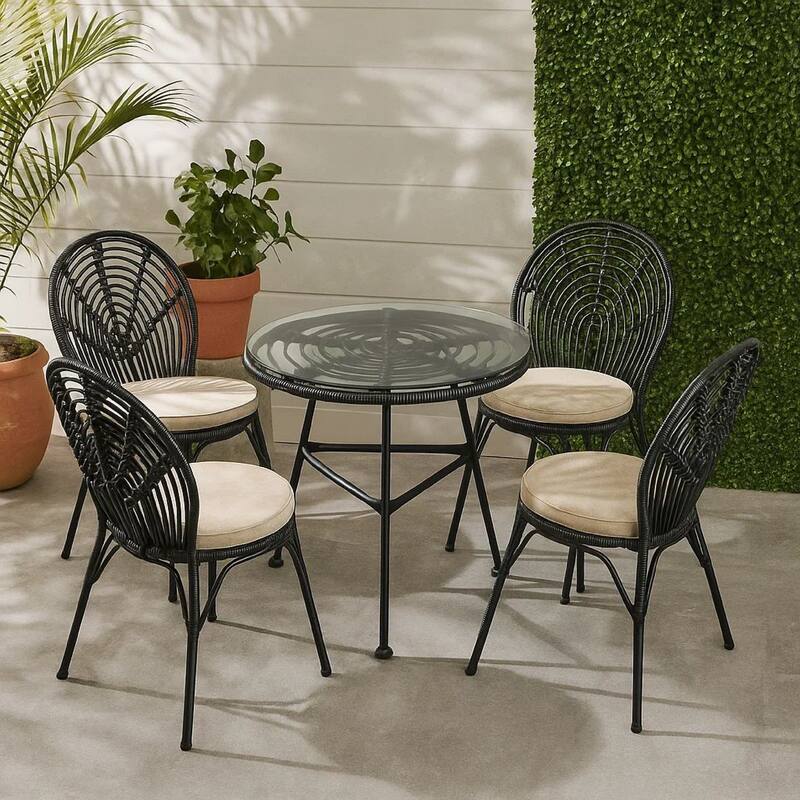 Tee Outdoor Side End Table, 20 Inch Rattan Weave with Glass Top, Gray