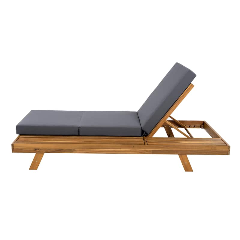 One-sided Open Storage Lounge Chairs Outdoor Patio Acacia Wood Chaise Lounge with Adjustable Backrest & Water-repellent Cushions