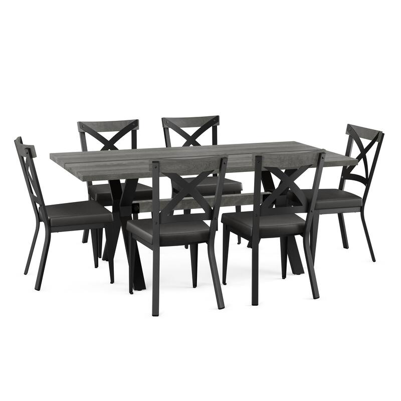 Amisco Leonie Wood Table and Snyder Chairs 7-Pieces Dining Set - Charcoal Black Faux Leather/Grey Wood/Black Metal
