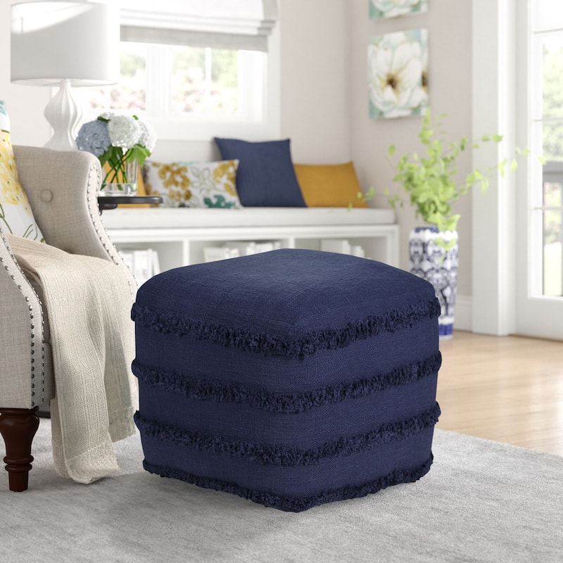 18" Navy Solid Texture and Striped Square Pouf Ottoman