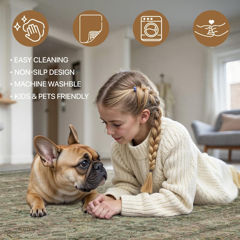 Mcow Vintage Floral Low-Pile Machine Washable Non-Slip Area Rug