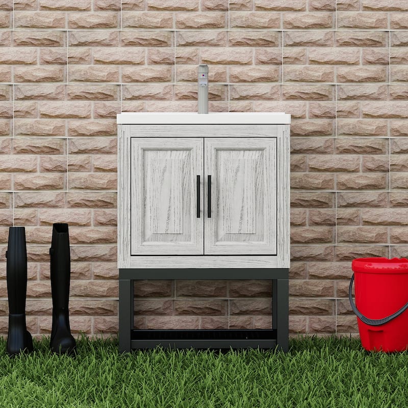 GDFStudio - CompactLine Modern Freestanding Bathroom Vanity with Ceramic Sink and Open Shelf - 24 Inch - White