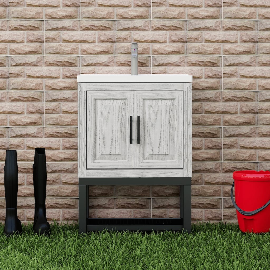 GDFStudio - CompactLine Modern Freestanding Bathroom Vanity with Ceramic Sink and Open Shelf - 24 Inch