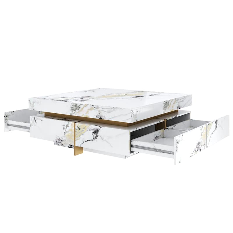 43.3" Modern Square Marble Textured Coffee table with 4 Drawers and Suspended Base, White