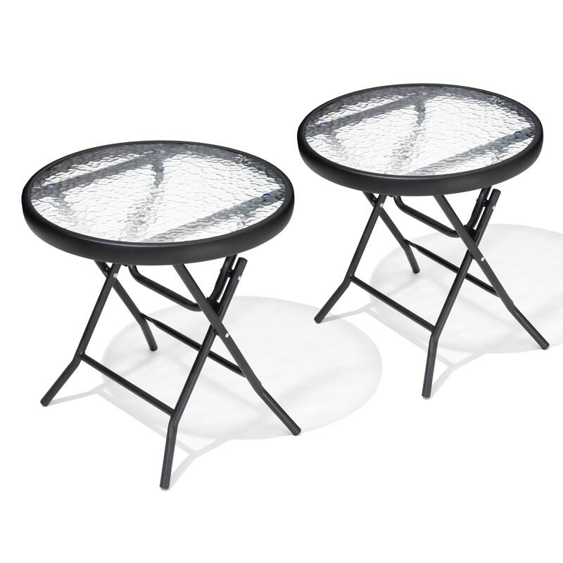 Outdoor Patio Folding Round Table Tempered Glass Top - Black - 2PC