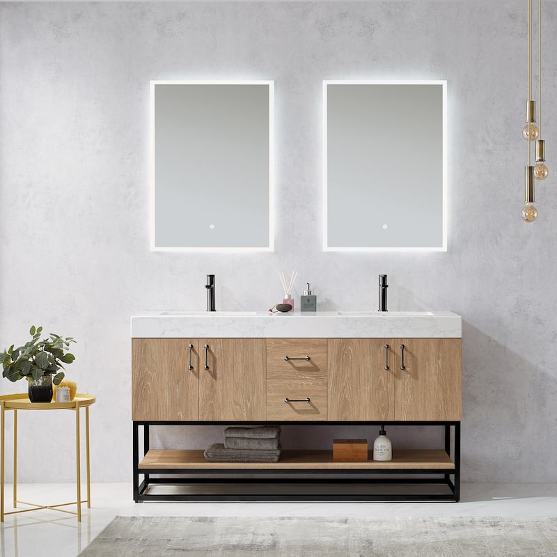 Alistair 60" Double Vanity with White Grain Stone Top without Mirror