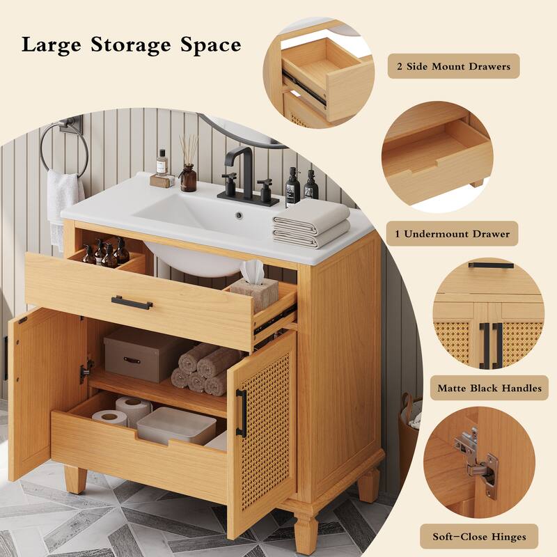 36" Bathroom Vanity with Ceramic Sink, Bathroom Sink Cabinet with 2 Soft Close Doors and 3 Drawers