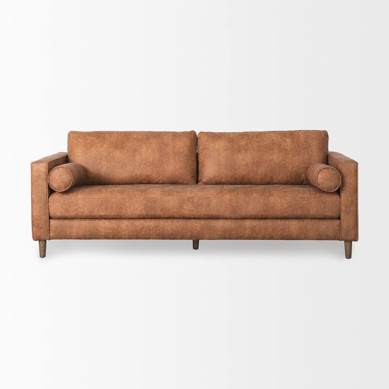 Loretta Cognac Brown Faux Leather Three Seater Sofa w/ Bolster Cushions - 87.9"W x 36.2"D x 33.8"H