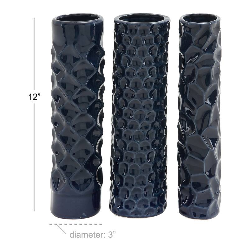 CosmoLiving by Cosmopolitan Sleek Ceramic Glam Vase with Varying Patterns (Set of 3) - Silver, Gold, Dark Blue, White