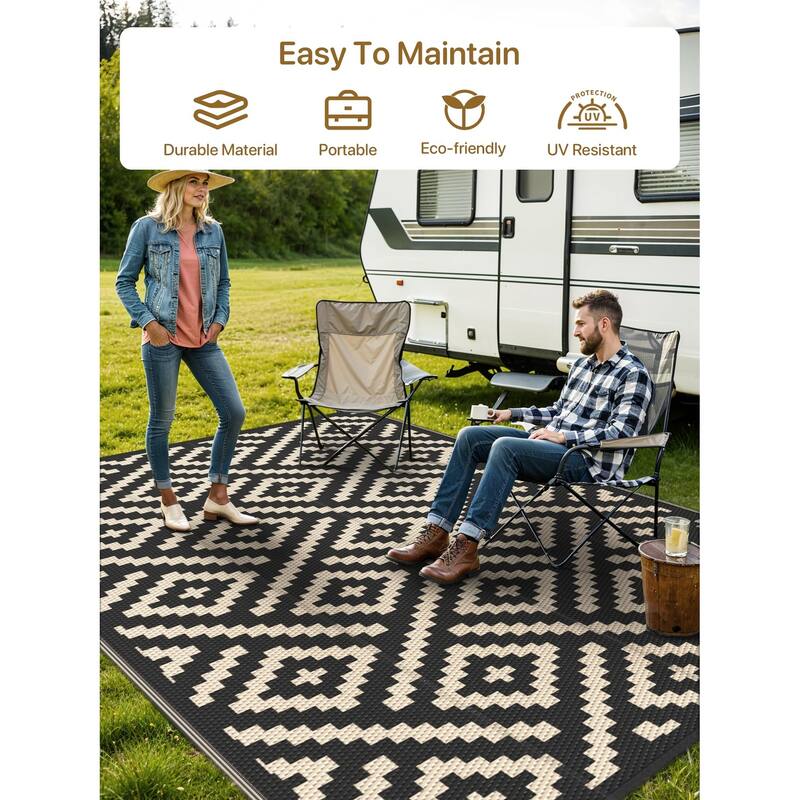 Reversible Charcoal Geometric Low-Pile Recyclable Plastic Outdoor Rug - 9'X12'