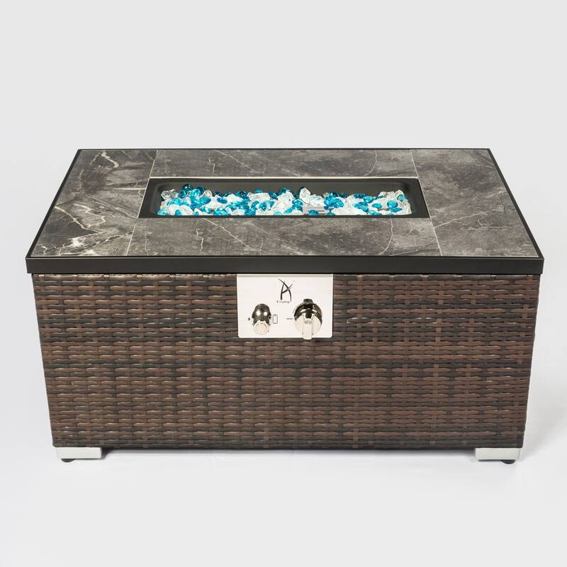 Rectangle Wicker Propane Fire Pit Table in Brown with Propane Tank Cover