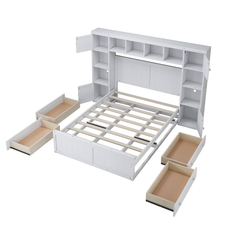Full Size Wood Bed with All-in-One Cabinet and Shelf
