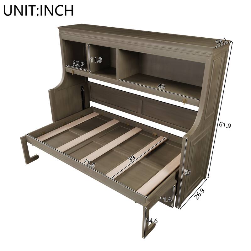 Twin Size Murphy Bed Cabinet with Fold-down Desk and Storage Bookcase Shelves