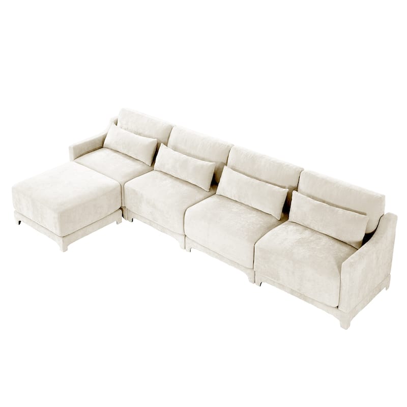 141.7" Chenille Modular 4-Seater Sofa with Movable Ottoman, High-Resilient Sponge, and Ergonomic Wooden Base