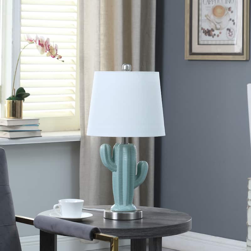 22 In. Southwest Teal Ceramic Cactus Metal Table Lamp
