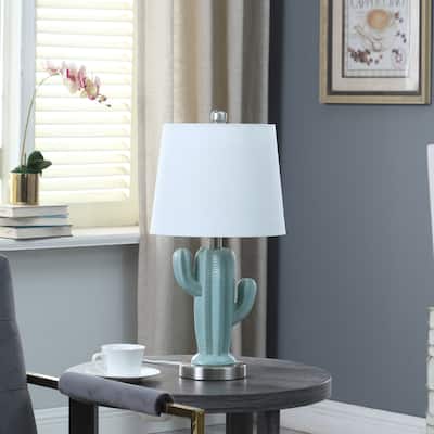 22 In. Southwest Teal Ceramic Cactus Metal Table Lamp