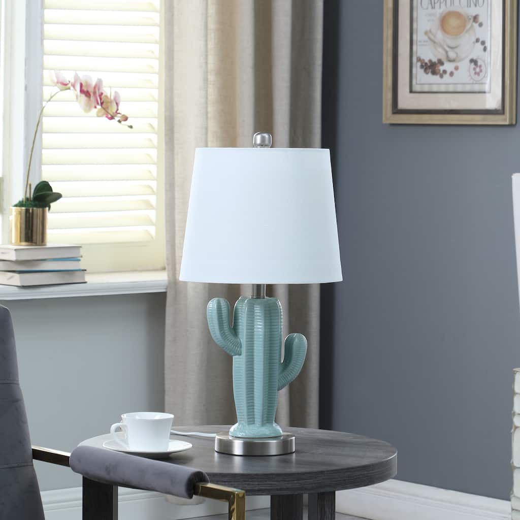 22 In. Southwest Teal Ceramic Cactus Metal Table Lamp