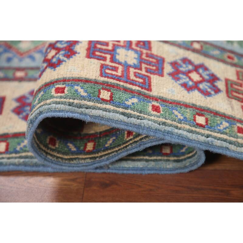 Hand Knotted Oriental 100% Wool Carpet Traditional Geometric Navy Blue & Blues Kazak Runner Rug - 6' 6'' X 2' 9''