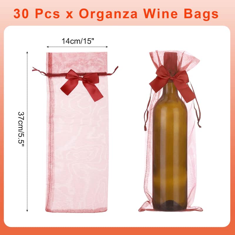 30pcs Organza Wine Bags, 15x5.5" Wine Gift Pouches with Drawstrings Bow - Wine Red