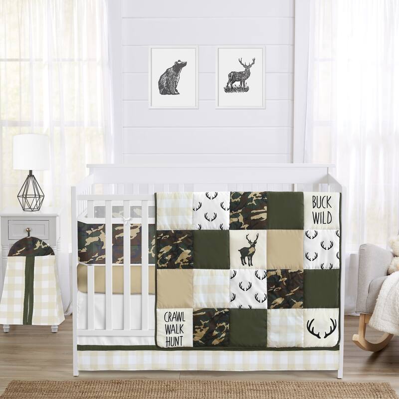 Sweet Jojo Designs Woodland Camo Deer Boy 6pc Crib Bedding + BreathableBaby Breathable Mesh Liner - Plaid Print - Crib Size