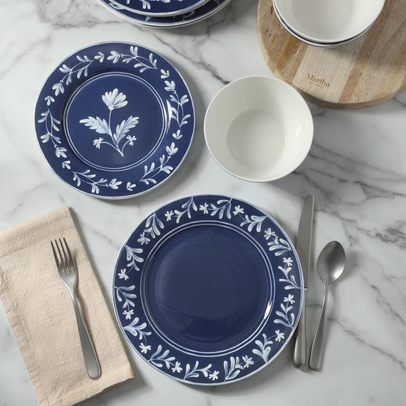 Martha Stewart Maiden Crown 12-Piece Dinnerware Set - Vegan Bone China Ceramic Plates & Bowls - Floral Design - Service for 4