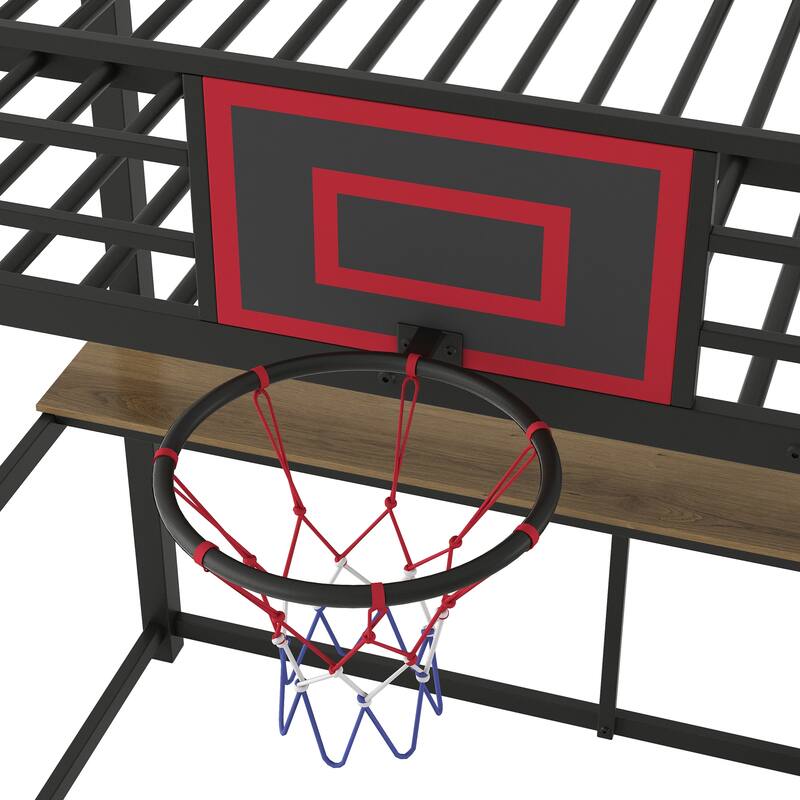 Twin Size Metal Loft Bed with Shelves, Desk and Basketball Hoop