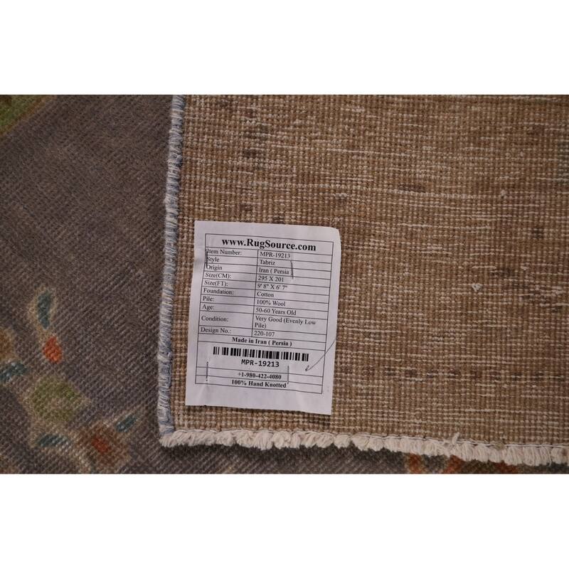 Gray Distressed Tabriz Vintage Persian Rug Hand-Knotted Wool Carpet - 6'7" x 9'8"