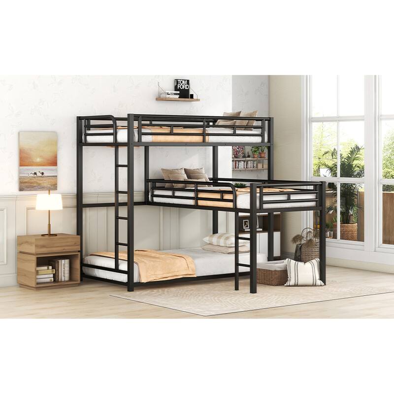 Roomfitters L-Shaped Metal Triple Twin Bunk Bed with Desk and Shelf, Black