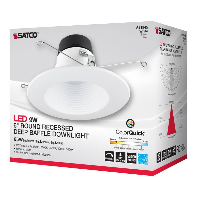 9 Watt 6 inch Deep Baffle CCT-Selectable Recessed LED Downlight