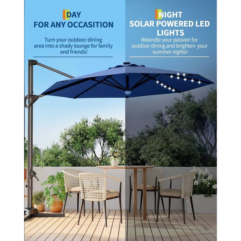 Coromose 10FT Patio Umbrella, 360-Degree Rotation, With Solar LED - Navy Blue