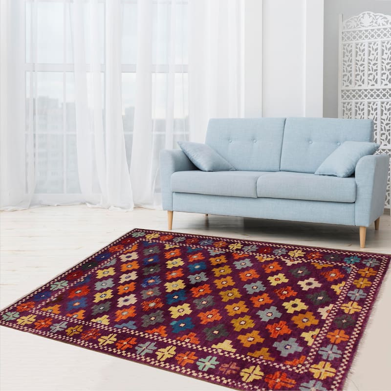 Rustic Balochi Hahn Purple/Green Hand Knotted Wool Rug - 3'4'' x 4'11''