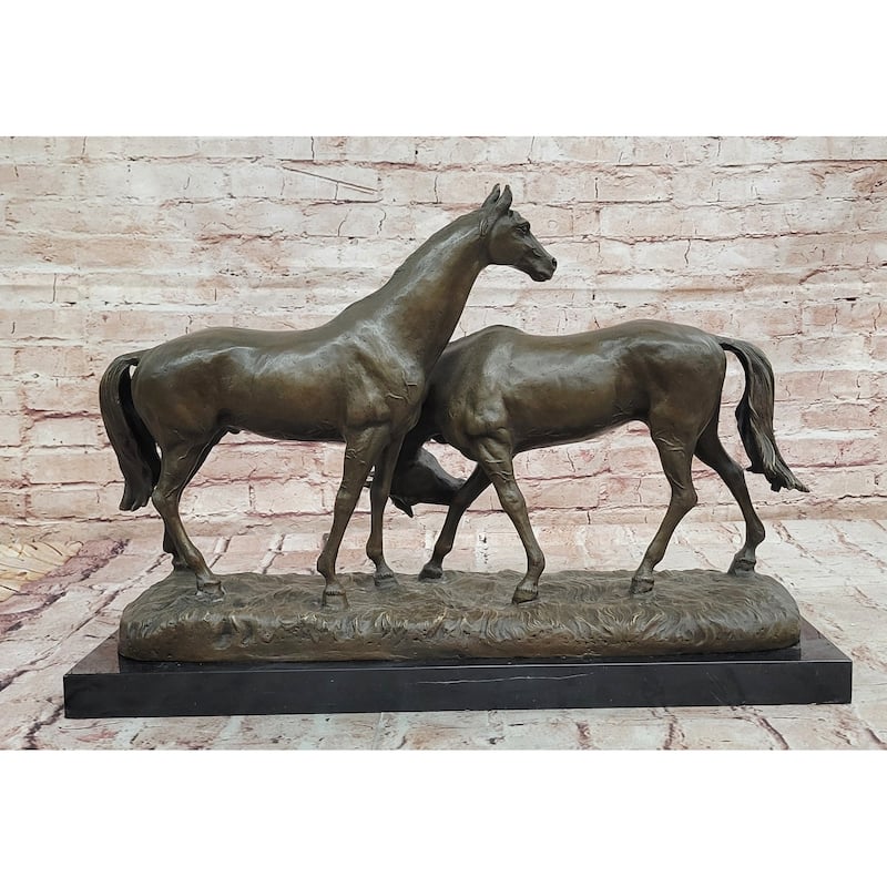 Necking Imitative Horses Equestrian Imitative Horse Lover Bronze Sculpture Statue Art Figure Marble Base