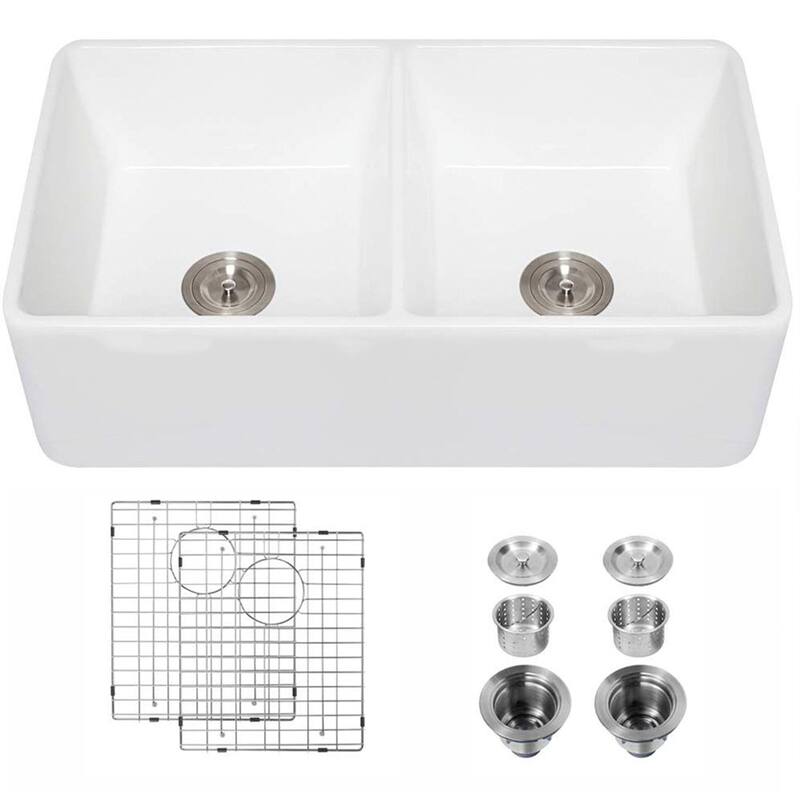 DORNBERG 285T Salena 32" L x 20" W Double Basin Farmhouse Kitchen Sink with Basket Strainer - White